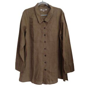 FLAX Shirt Womens Medium Olive Brown Button Up Oversize Linen Lagenlook Shirt